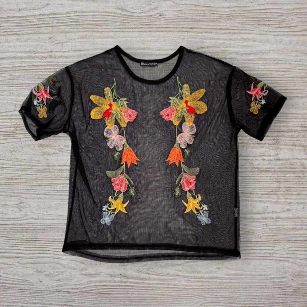 ZARA Black Sheer Mesh Embroidered Floral Overlay Colorful Blouse Top Holiday S